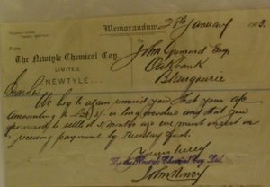 Image of Memorandum from The Newtyle Chemical Coy. Ltd. to J. Grimond Esq., 28th January 1903 DUNIH 2016.40.33.1
