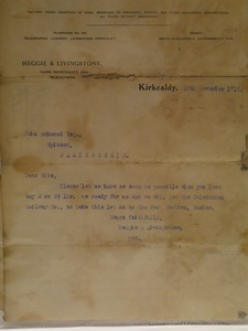 Image of Letter from Heggie & Livingstone to J. Grimond Esq., 19th November 1915 DUNIH 2017.1.8.15