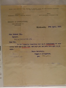 Image of Letter from Heggie & Livingstone to J. Grimond Esq., 27th April 1916 DUNIH 2017.1.8.16