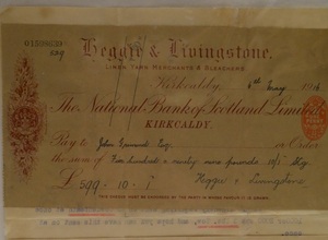Image of Cheque payable to J. Grimond Esq. from Heggie & Livingstone, 6th May 1916 DUNIH 2017.1.8.17
