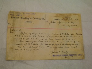 Image of Letter from Millbrook Bleaching to John Grimond, dated 22nd Sep 1914 DUNIH 2017.1.17.1