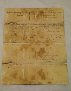 Image of Letter from Millbrook Bleaching to John Grimond, dated 28th Jan 1915 DUNIH 2017.1.17.6