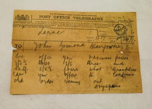 Image of Telegram from Millbrook Bleaching to John Grimond, dated 28th Jan 1915 DUNIH 2017.1.17.7