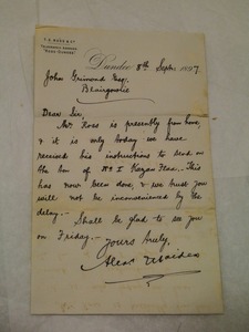 Image of Letter from T.S. Ross & Co., Dundee  to John Grimond dated 8th Sept 1897 DUNIH 2017.1.19.1