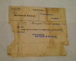 Image of Memonrandum from Watson & Shield to John Grimond, dated 13th October 1914 DUNIH 2017.1.25.3