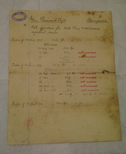 Image of Note written by Watson & Shield listing all orders for 2 1/2 lb flax DUNIH 2017.1.25.4