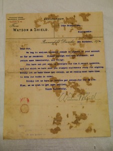Image of Memorandum by Watson & Shield to John Grimond, dated 9th Nov 1914 DUNIH 2017.1.25.5