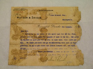 Image of Memorandum by Watson & Shield to John Grimond, dated 6th Jan 1915 DUNIH 2017.1.25.6