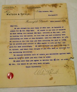 Image of Memorandum by Watson & Shield to John Grimond, dated 22nd Jan 1915 DUNIH 2017.1.25.9