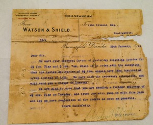 Image of Memorandum by Watson & Shield to John Grimond, dated 29th Jan 1915 DUNIH 2017.1.25.11
