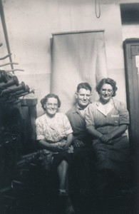 Image of Photograph of Ronald Oliver with two female colleagues at jute works DUNIH 2017.14.3.2