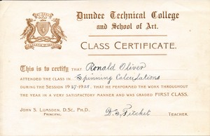 Image of Spinning Calculations Certificate from Dundee Technical College DUNIH 2017.14.5.2