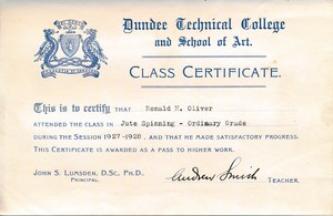 Image of Jute Spinning (Ordinary Grade) Certificate from Dundee Technical College DUNIH 2017.14.5.3