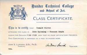Image of Jute Spinning (Honours Grade) Certificate from Dundee Technical College DUNIH 2017.14.5.4