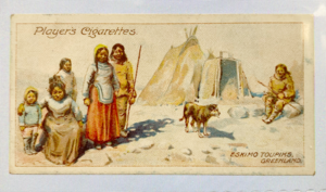 Image of CIGARETTE CARD, first Series no.10 Eskimo with their Toupiks or Summer Tents, one of a collection of cigarette cards detailing Polar Exploration DUNIH 2022.18.10