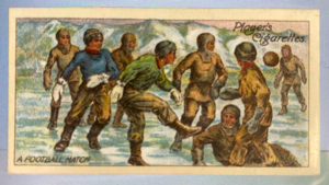 Image of CIGARETTE CARD, Second Series no.11 A Football Match at the Winter Quarters, one of a collection of cigarette cards detailing Polar Exploration DUNIH 2022.18.36