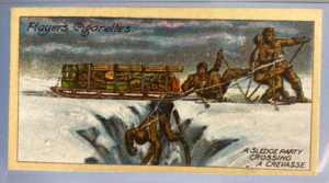 Image of CIGARETTE CARD, Second Series no.15 A Sledge Party Crossing a Crevasse, one of a collection of cigarette cards detailing Polar Exploration DUNIH 2022.18.40