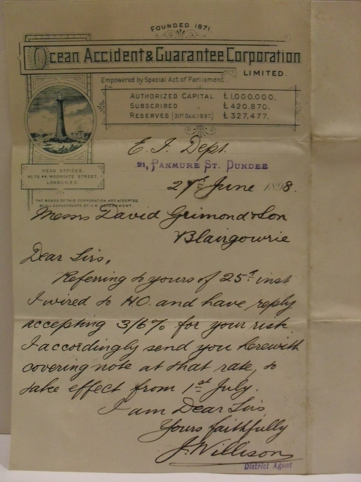 Letter accompanying the insurance policy cover note, 27th June 1898 in ...